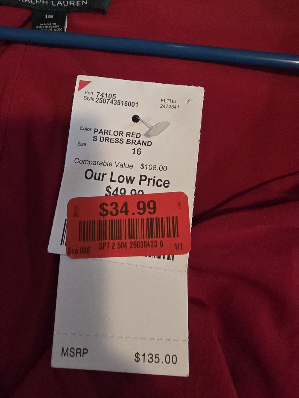Nwt Size 16 Lauren by Ralph Lauren Red Ruffle Wrap-Style Dress - Picture 5 of 5